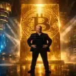 Photographie cinématique de Michael Saylor protégeant le Bitcoin d'un ordinateur quantique, symbolisant sa Strategy boursière.