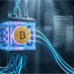 Un Bitcoin doré sécurisé au centre d'un processeur d'ordinateur quantique futuriste.
