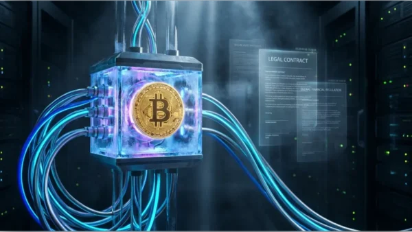 Un Bitcoin doré sécurisé au centre d'un processeur d'ordinateur quantique futuriste.