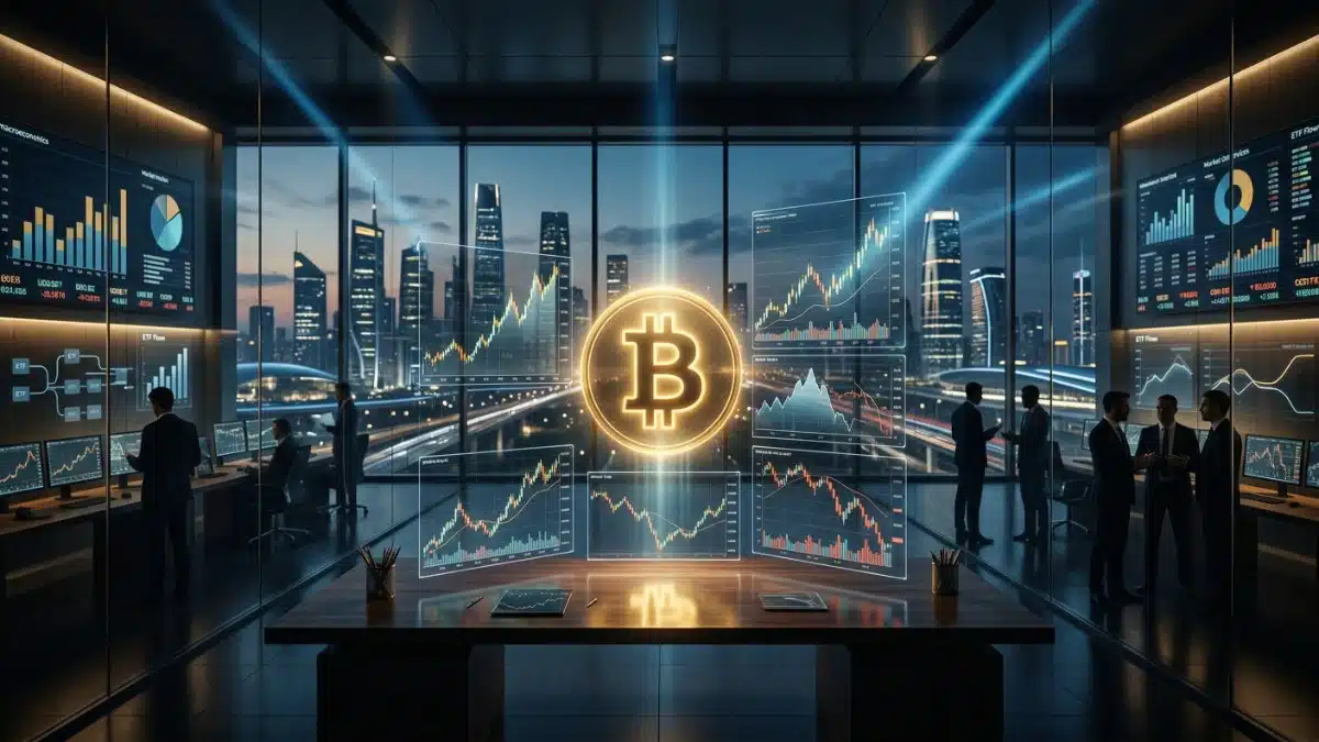 Visualisation réaliste du Bitcoin avec graphiques financiers illustrant les scénarios de prix en 2026 entre hausse, stabilité et baisse du marché crypto