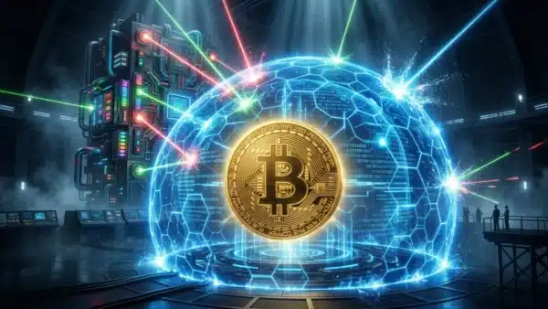 Photographie cinématique d'un Bitcoin protégé par un bouclier numérique face à un ordinateur quantique, symbolisant la sécurité de la crypto.