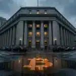 Logo Bitcoin orange reflété dans une flaque d'eau devant un bâtiment fédéral par temps de pluie