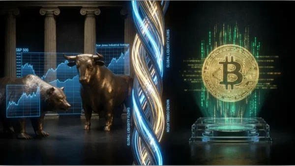 Représentation visuelle de la corrélation macro entre le Bitcoin et les indices boursiers S&P 500 et Dow Jones
