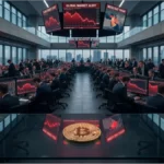 Salle de trading avec graphiques rouges et pièce de Bitcoin illustrant la crise géopolitique