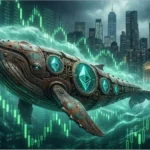Illustration d'une baleine crypto mécanique ornée de logos Ethereum naviguant dans un océan de graphiques boursiers haussiers