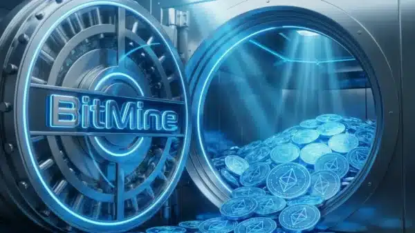 Coffre-fort BitMine ouvert rempli de pièces Ethereum bleues brillantes