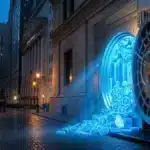 Photographie cinématique d'un coffre-fort de Wall Street débordant de pièces Ethereum, symbolisant l'introduction boursière de BitMine.