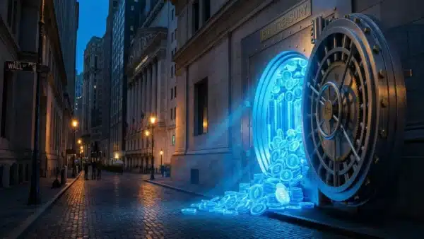 Photographie cinématique d'un coffre-fort de Wall Street débordant de pièces Ethereum, symbolisant l'introduction boursière de BitMine.