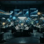 Représentation visuelle d'un réseau de neurones artificiels dans une salle de contrôle financière illustrant le projet Bittensor