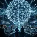 Représentation abstraite du réseau Bittensor illustrant la fusion entre la blockchain intelligence artificielle et les marchés financiers.