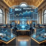 Salle de trading moderne illustrant le déploiement du fonds tokenisé BUIDL de BlackRock sur la plateforme OKX