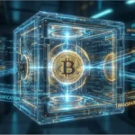 Coffre-fort numérique transparent contenant un Bitcoin avec mentions de vérification on-chain pour Block Inc
