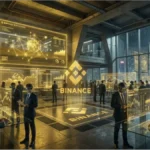Salle de trading futuriste affichant des données de marché pour la crypto de Binance.