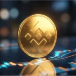 Pièce physique dorée de la crypto de Binance BNB sur un graphique de trading numérique