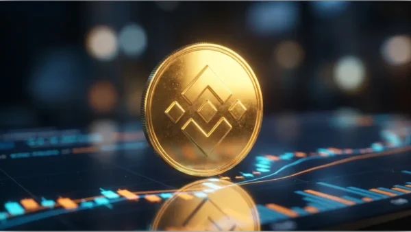 Pièce physique dorée de la crypto de Binance BNB sur un graphique de trading numérique