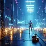 Photographie cinématique d'un robot d'intelligence artificielle gérant des flux de données financiers, représentant un bot trading IA sur un marché de prédiction.