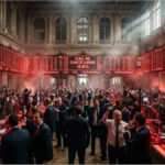 Écran d'affichage boursier montrant une baisse des indices financiers.