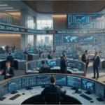 Écrans de trading affichant les données du contrat perpétuel Bitcoin dans un environnement institutionnel.