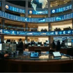 Une institution financière moderne illustrant la liquidité et l'adoption institutionnelle du marché crypto.