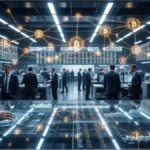 Salle de trading futuriste avec graphiques financiers et réseau d'icônes Bitcoin illustrant le marché des contrats perpétuels.