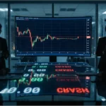 Graphique boursier du CAC 40 affiché sur un écran géant dans une salle de marché sombre avec des traders