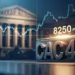 Un emblème métallique du CAC40 posé sous un plafond de verre avec la Bourse de Paris floue en arrière-plan.