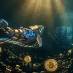 Illustration d'une baleine crypto mécanique naviguant parmi des pièces de Bitcoin et des serveurs européens