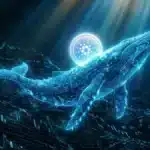 Photographie cinématique d'une baleine numérique transportant une pièce Cardano, symbolisant l'accumulation d'une baleine crypto sur l'ADA.
