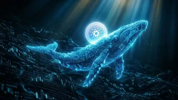 Photographie cinématique d'une baleine numérique transportant une pièce Cardano, symbolisant l'accumulation d'une baleine crypto sur l'ADA.