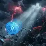 Photographie cinématique d'une pièce Cardano chutant lourdement d'une falaise, symbolisant le violent crash boursier de la crypto ADA.