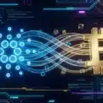 Logo Cardano connecté au Bitcoin dans un environnement blockchain futuriste.