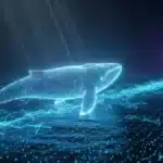 Photographie cinématique d'une baleine bioluminescente nageant d'un réseau bleu vers un coffre-fort violet, symbolisant la migration des capitaux sur Cardano.