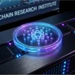 Logo Cardano ADA brillant sur un serveur de données avec graphiques boursiers en arrière-plan