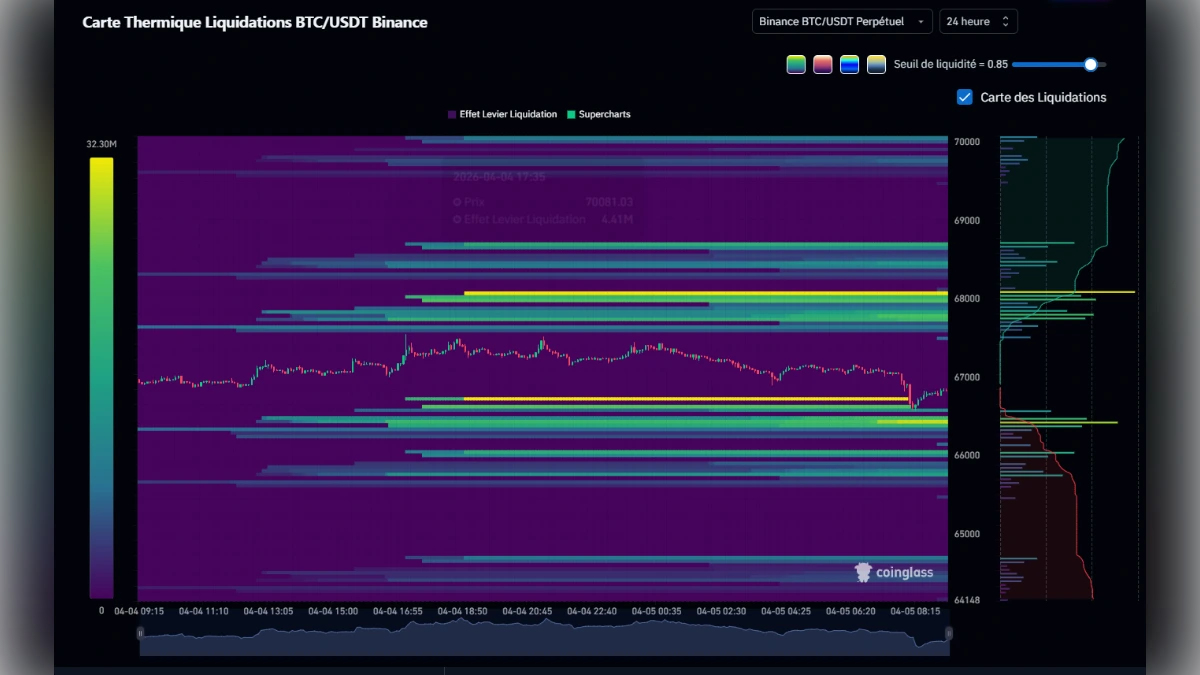 Graphique de carte thermique (heatmap) montrant les zones de liquidation du Bitcoin (BTC/USDT) sur Binance via Coinglass