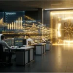 Analystes financiers dans une salle de trading devant un coffre-fort numérique et des graphiques de prix du Bitcoin