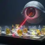 Illustration allégorique d'un œil cybernétique surveillant un échiquier numérique, symbolisant la régulation stricte de la CFTC sur la cryptomonnaie.