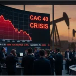 Graphique boursier rouge montrant la baisse du CAC 40 avec des puits de pétrole en arrière-plan