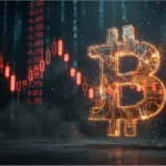 Graphique boursier illustrant la baisse du cours Bitcoin avec des bougies rouges et un logo BTC fragmenté