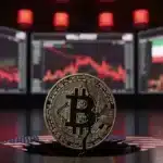 Un Bitcoin qui se fissure et chute devant des écrans boursiers dans le rouge, symbolisant l'impact des tensions entre les USA et l'Iran sur le marché crypto.