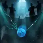 Photographie cinématique d'une pièce numérique chutant dans un abîme mécanique, symbolisant le piège financier sur le marché crypto.