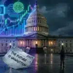 Le Capitole américain entouré de graphiques boursiers crypto et de logos Bitcoin pour illustrer le Clarity Act