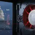 Un stablecoin enfermé dans un coffre-fort bancaire sous haute sécurité avec le Capitole américain en arrière-plan, symbolisant la régulation CLARITY Act.