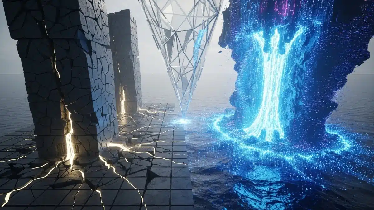 Illustration abstraite d'un conflit de données : de lourds monolithes bancaires perdent de l'énergie or pâle attirée par un océan numérique bleu puissant (stablecoins), tandis qu'une barrière de lumière géométrique (Clarity Act) descend pour stabiliser l'ensemble.