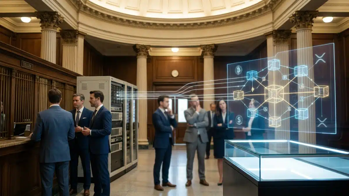 Illustration réaliste de la coexistence entre systèmes bancaires traditionnels et technologies blockchain comme XRP