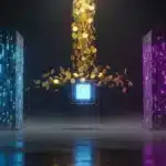 Photographie cinématique de deux monolithes numériques s'affrontant autour d'un cœur d'intelligence artificielle, symbolisant la guerre des paiements IA.