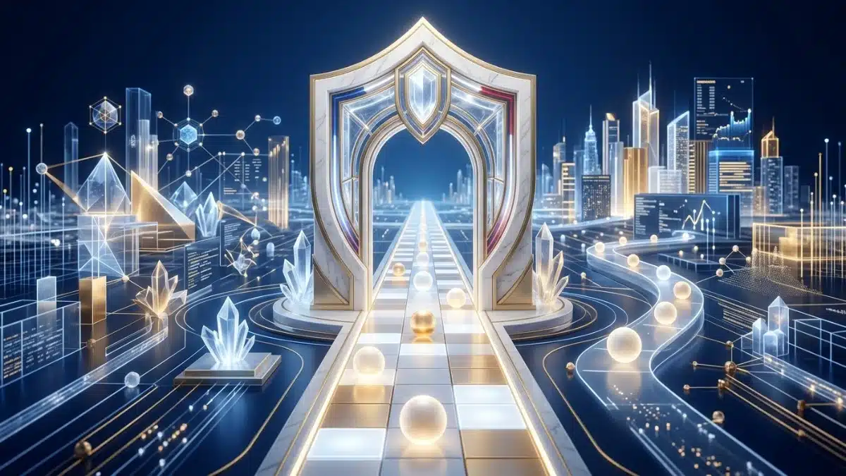 Illustration abstraite d'un chemin numérique clair et sécurisé avec de subtils reflets tricolores, symbolisant l'accompagnement premium, la confiance et le cadre réglementaire de la plateforme française Coinhouse.