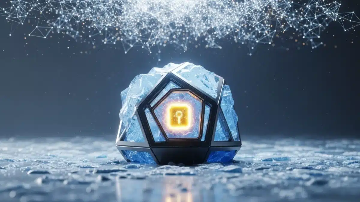 Illustration abstraite d'un coffre-fort géométrique de glace et de métal, totalement déconnecté d'un réseau lumineux chaotique, symbolisant la sécurité absolue et l'isolation d'un cold wallet.