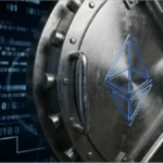 Coffre-fort métallique avec le logo Ethereum gravé devant un fond de code binaire numérique