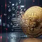 Photographie cinématique d'un Bitcoin brisant une tour de verre, symbolisant la liquidation des positions surendettées sur le marché crypto.