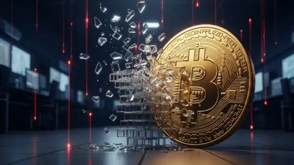 Photographie cinématique d'un Bitcoin brisant une tour de verre, symbolisant la liquidation des positions surendettées sur le marché crypto.